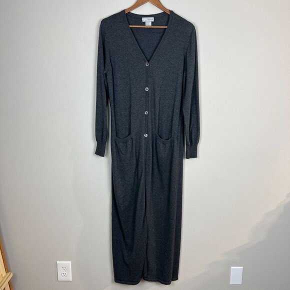 Spiegel Duster Cardigan Sweater Womens Large Gray Button Up Cotton Angora Pocket - Picture 1 of 10
